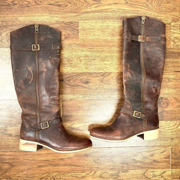 CHARLES DAVID ITALY BROWN GENUINE LEATHER LOW HEEL WOMENS ZIP TALL BOOTS Size 8 - Picture 1 of 12